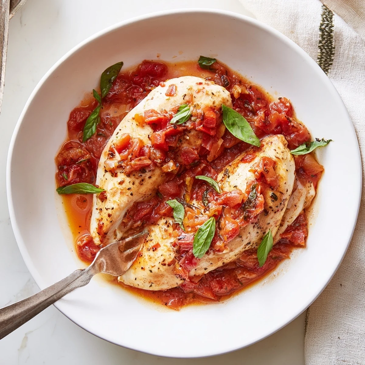 Fork-tender Slow Cooker Tomato Basil Chicken Breasts, aromatic tomatoes and torn basil