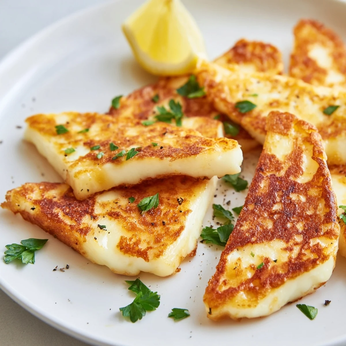 Golden pan fried halloumi cheese sizzling in a skillet with fresh lemon wedges and parsley