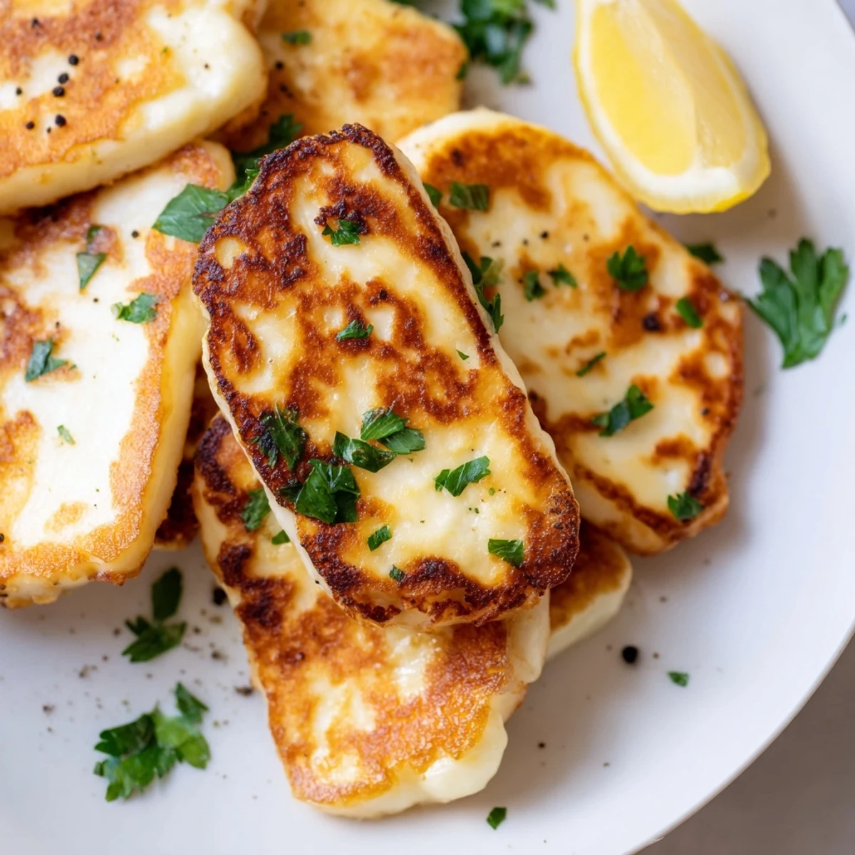 Crispy Mediterranean pan fried halloumi recipe served on a white plate with black pepper garnish