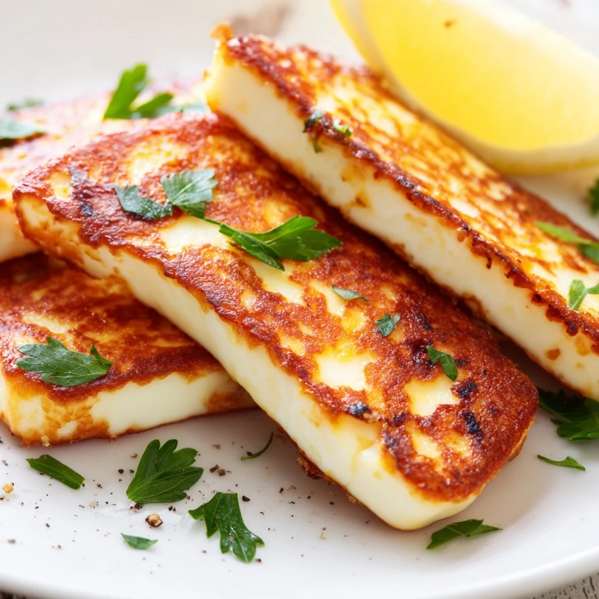 Savory pan fried halloumi cheese slices arranged beautifully with fresh herbs and lemon for appetizer