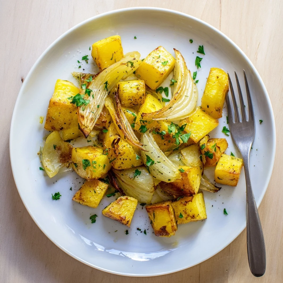 Golden brown roasted potatoes and onions seasoned with herbs on a white baking sheet