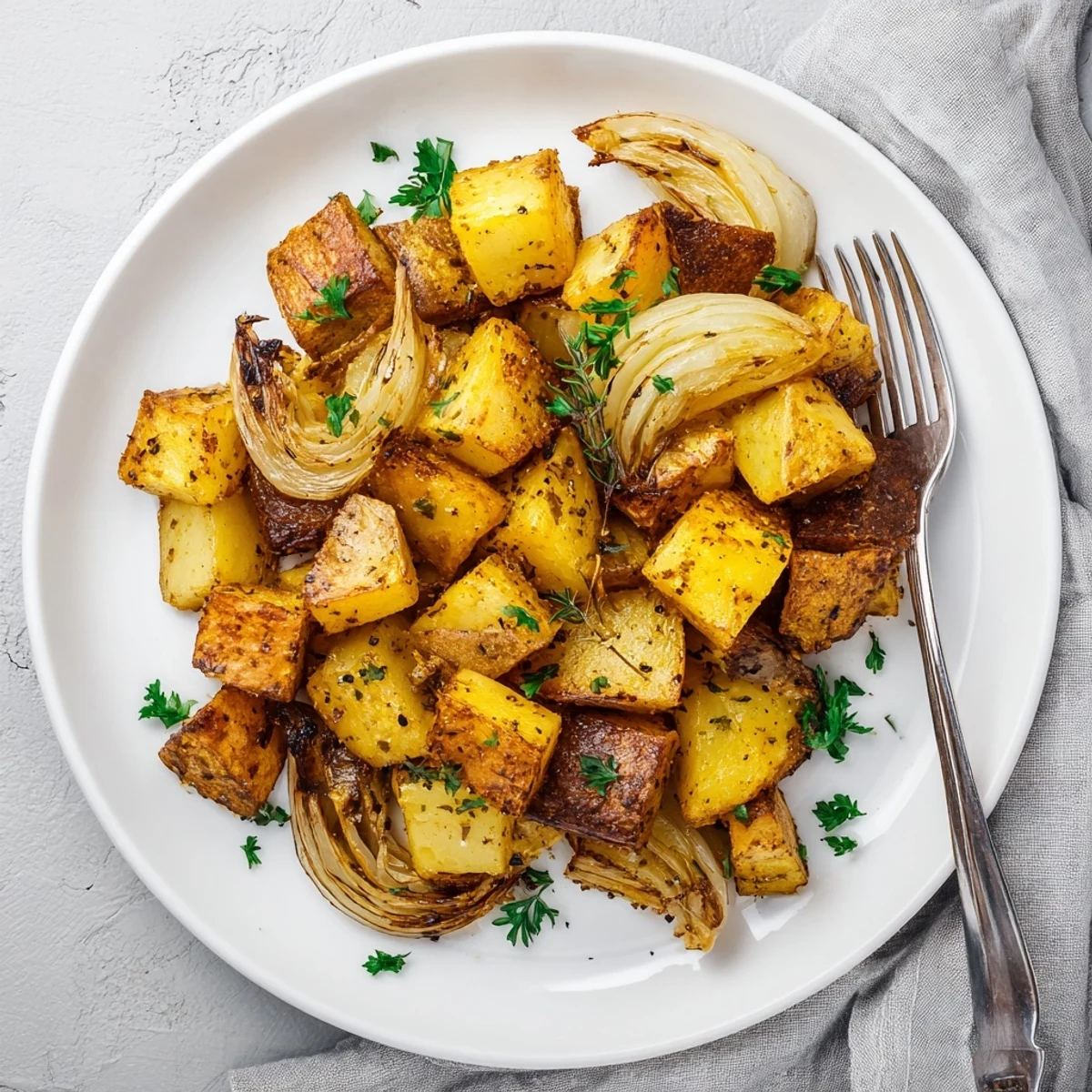 Comforting side dish of roasted potatoes and onions garnished with fresh green parsley