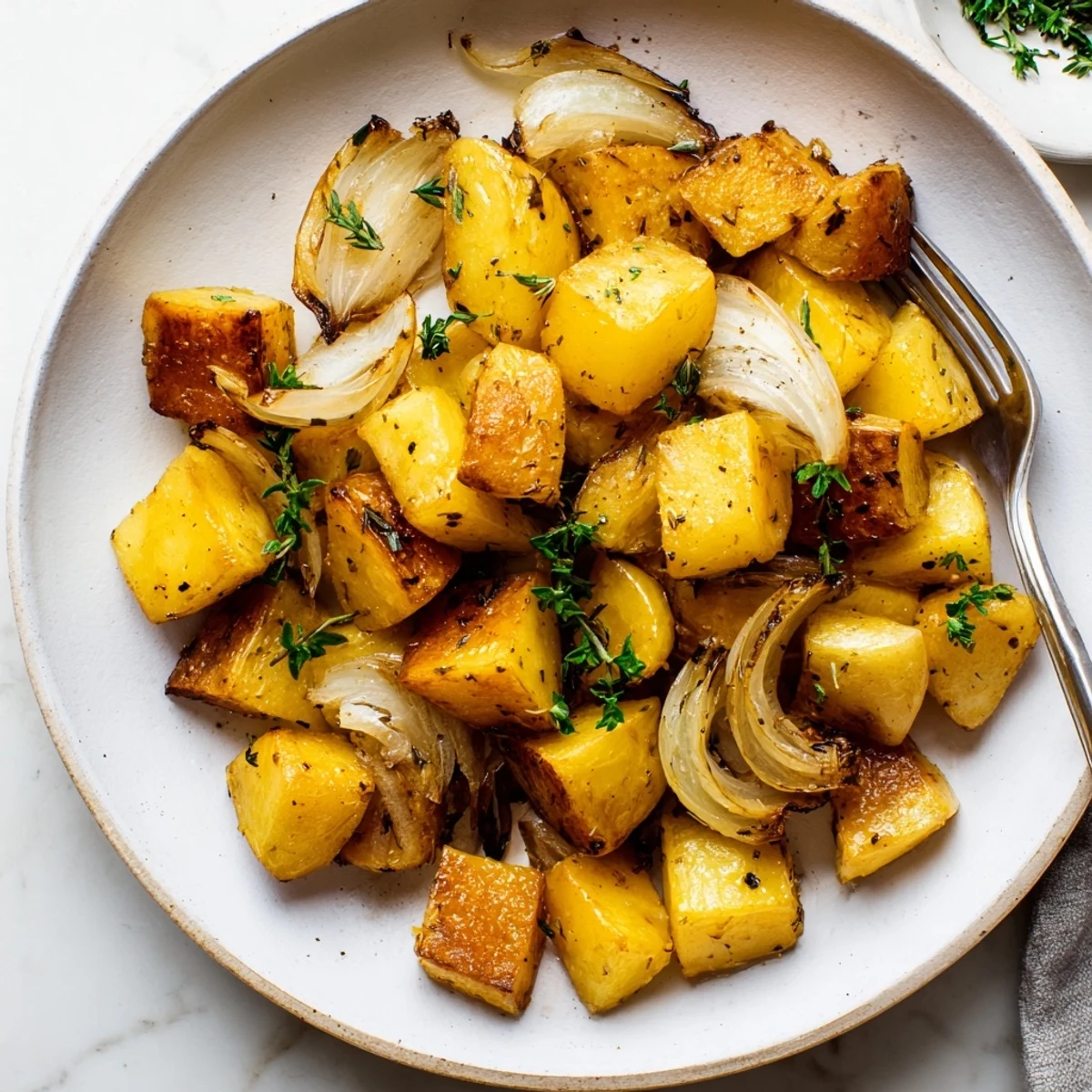 Crispy roasted potatoes and caramelized onions tossed with olive oil and dried thyme