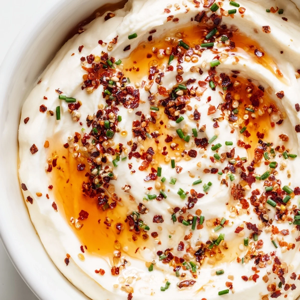 Creamy whipped feta dip topped with golden spicy hot honey drizzle and fresh herbs