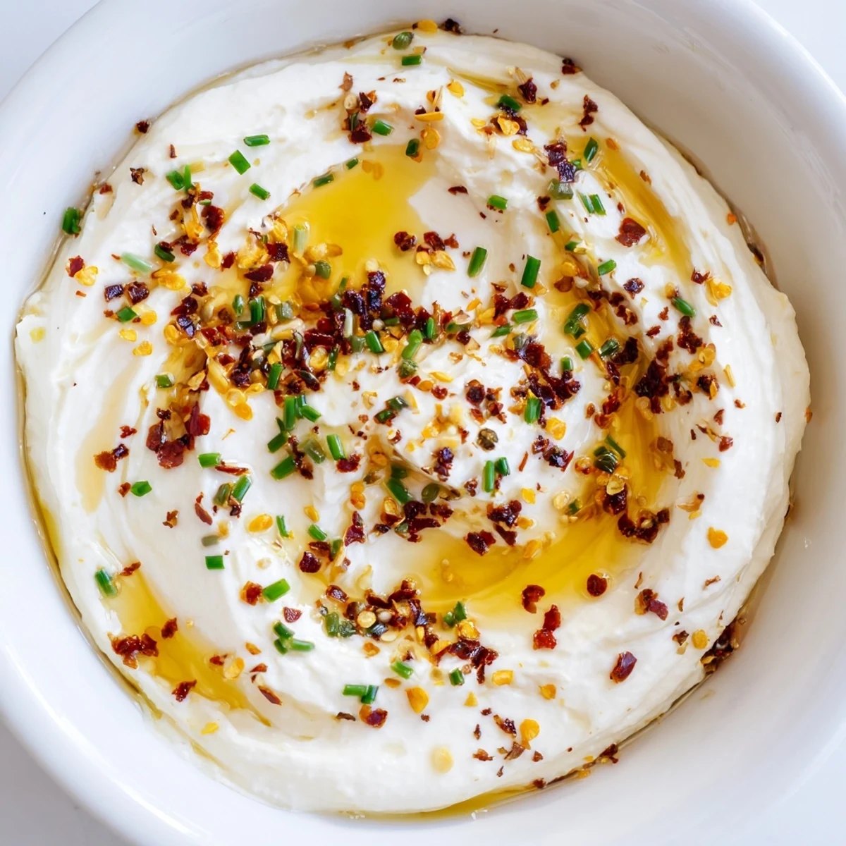Mediterranean appetizer bowl featuring whipped feta cheese drizzled with sweet and spicy honey
