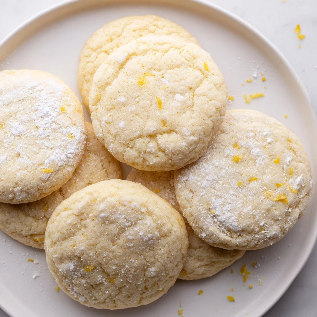 Soft chewy lemon cookies dusted with powdered sugar on a white baking sheet