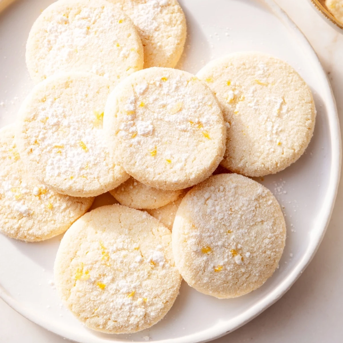 Close-up of soft chewy lemon cookies with crackled tops and lemon zest sprinkled