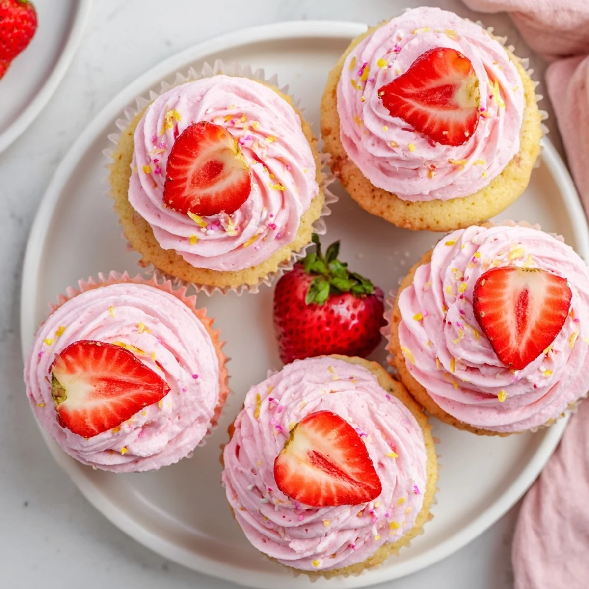 Fresh strawberry lemonade cupcakes with creamy pink buttercream frosting and lemon zest garnish