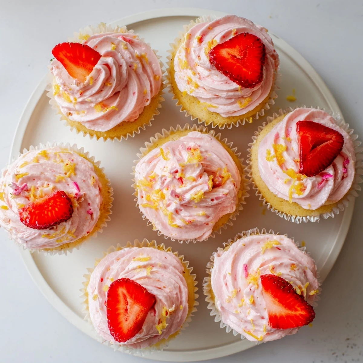 Light fluffy strawberry lemonade cupcakes topped with smooth strawberry buttercream on white plate