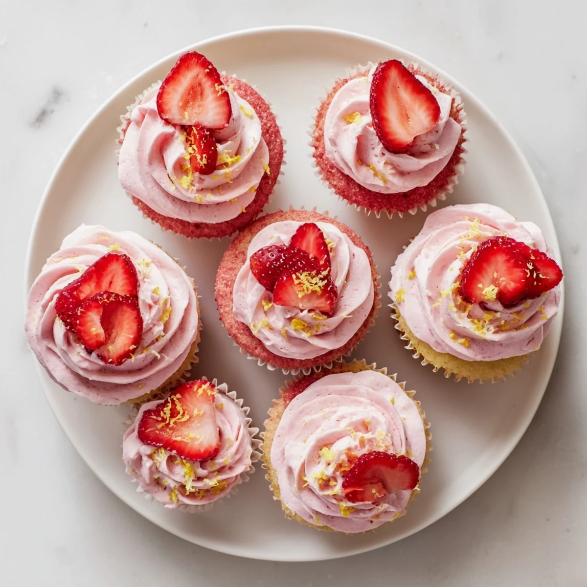 Pink frosted strawberry lemonade cupcakes studded with fresh berries and zesty lemon curls