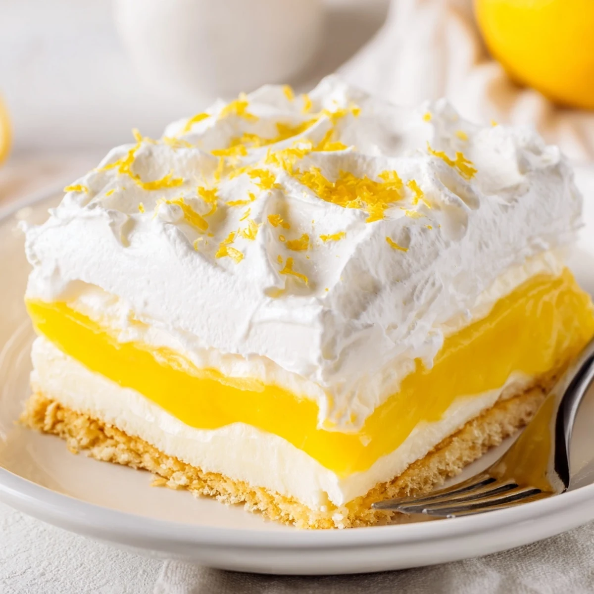 Golden square of Lemon Lush Cake with fluffy whipped topping and bright lemon zest garnish