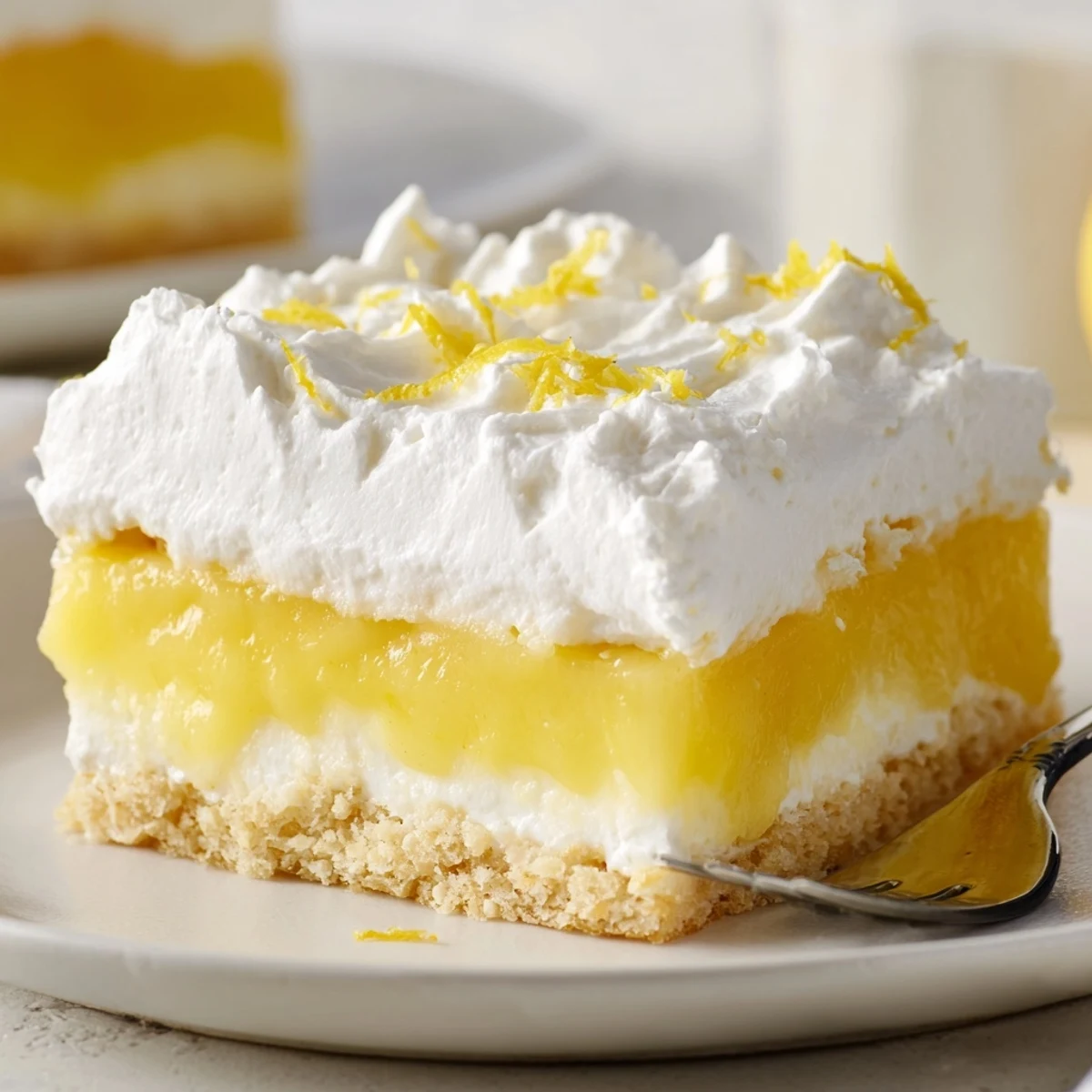 Layered Lemon Lush Cake dessert with creamy filling atop golden buttery crust in glass dish