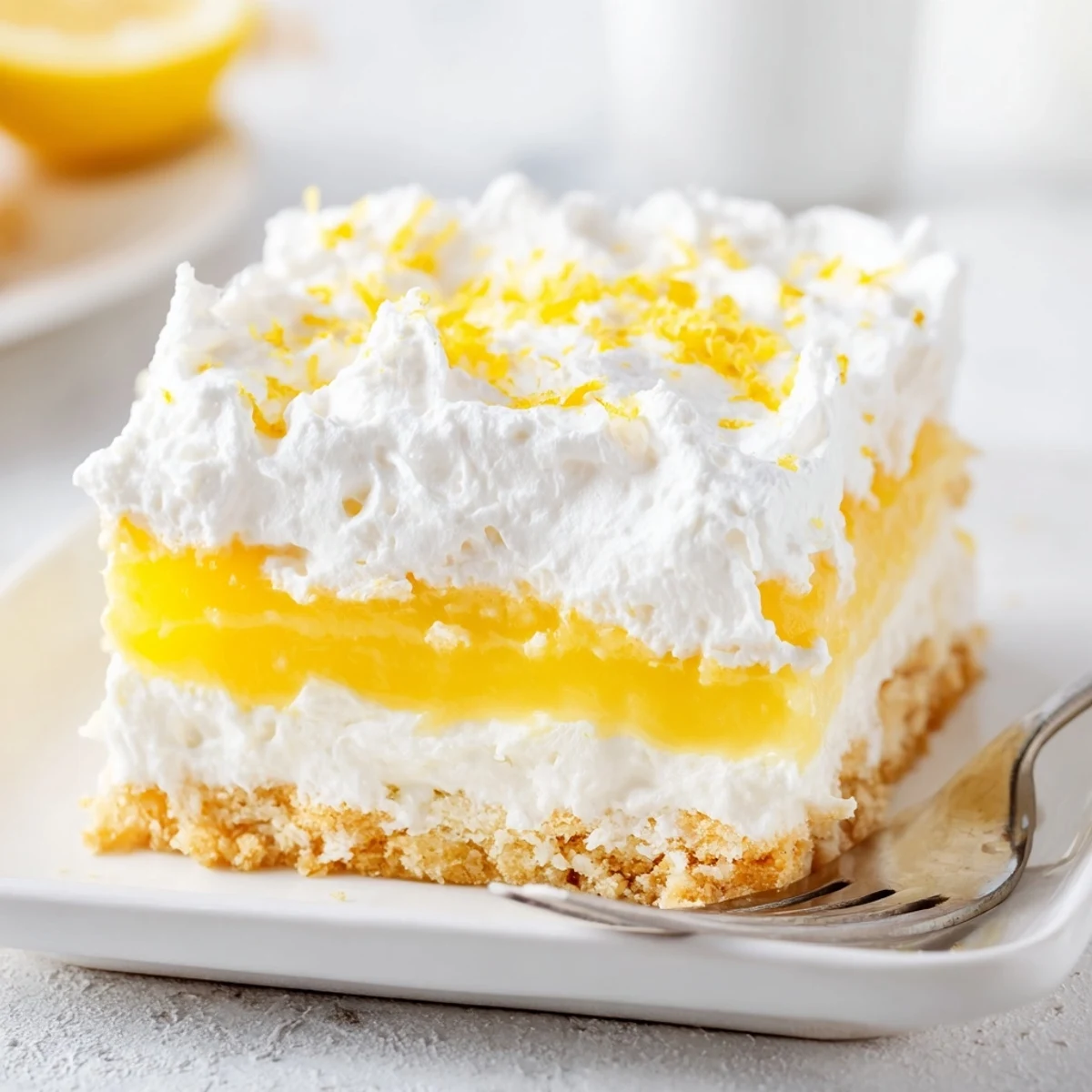 Sliced Lemon Lush Cake showing distinct lemon cream cheese layers on white serving plate