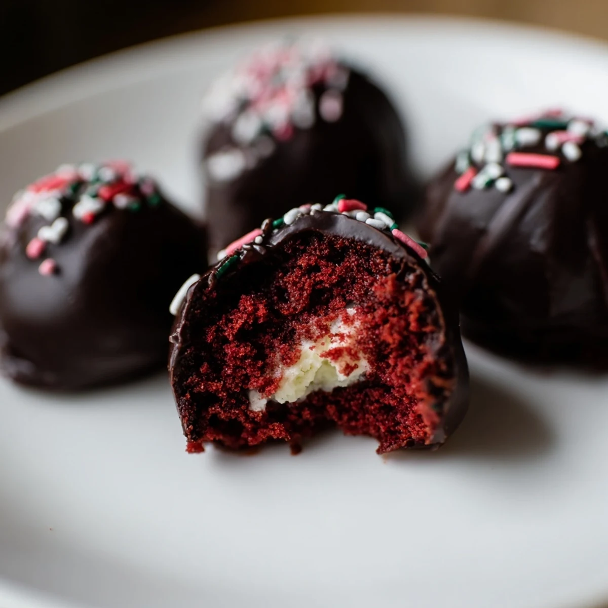 Bite-sized red velvet cheesecake balls coated in glossy dark chocolate with colorful sprinkles on top