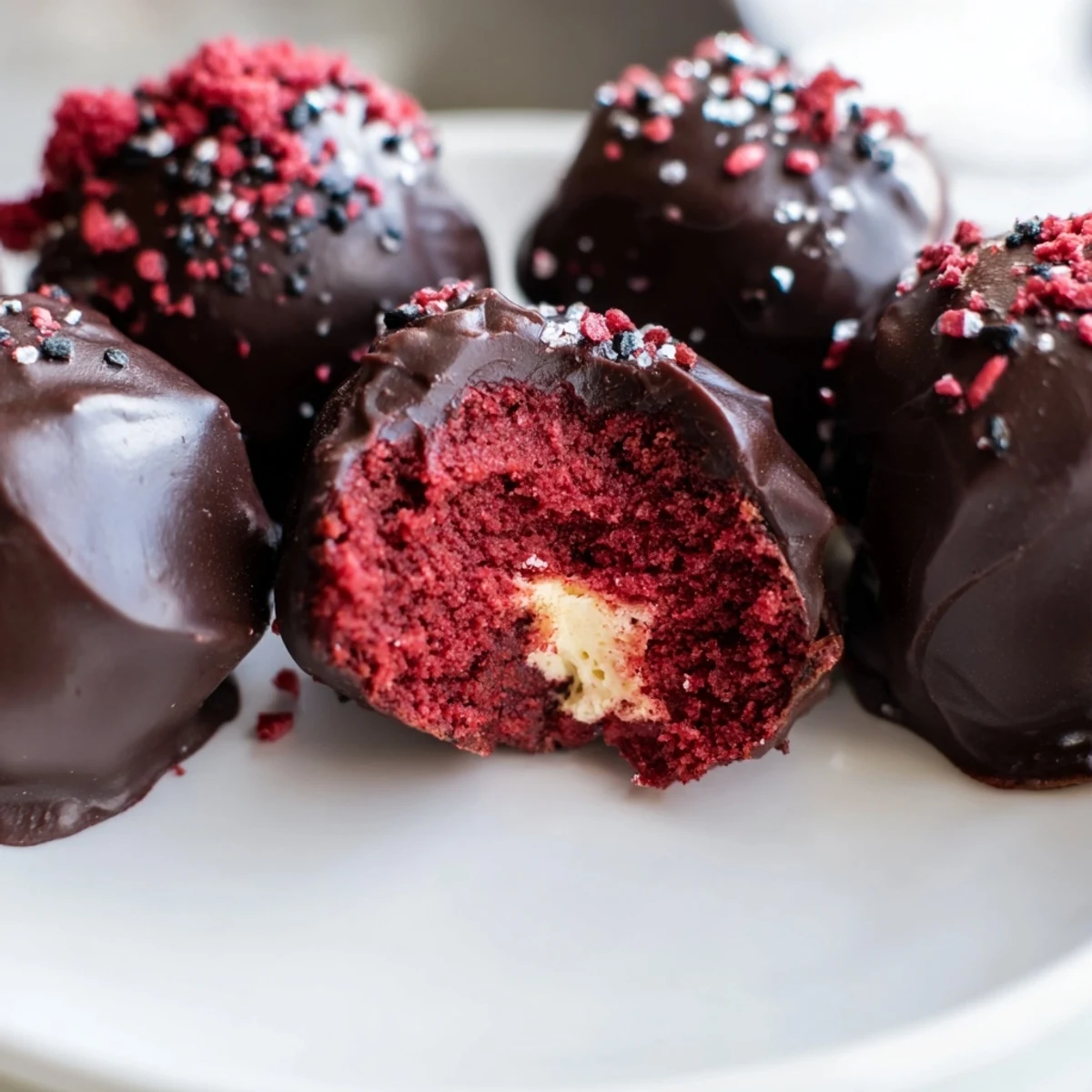 Decadent red velvet cheesecake truffles featuring smooth cream cheese filling and rich chocolate shell
