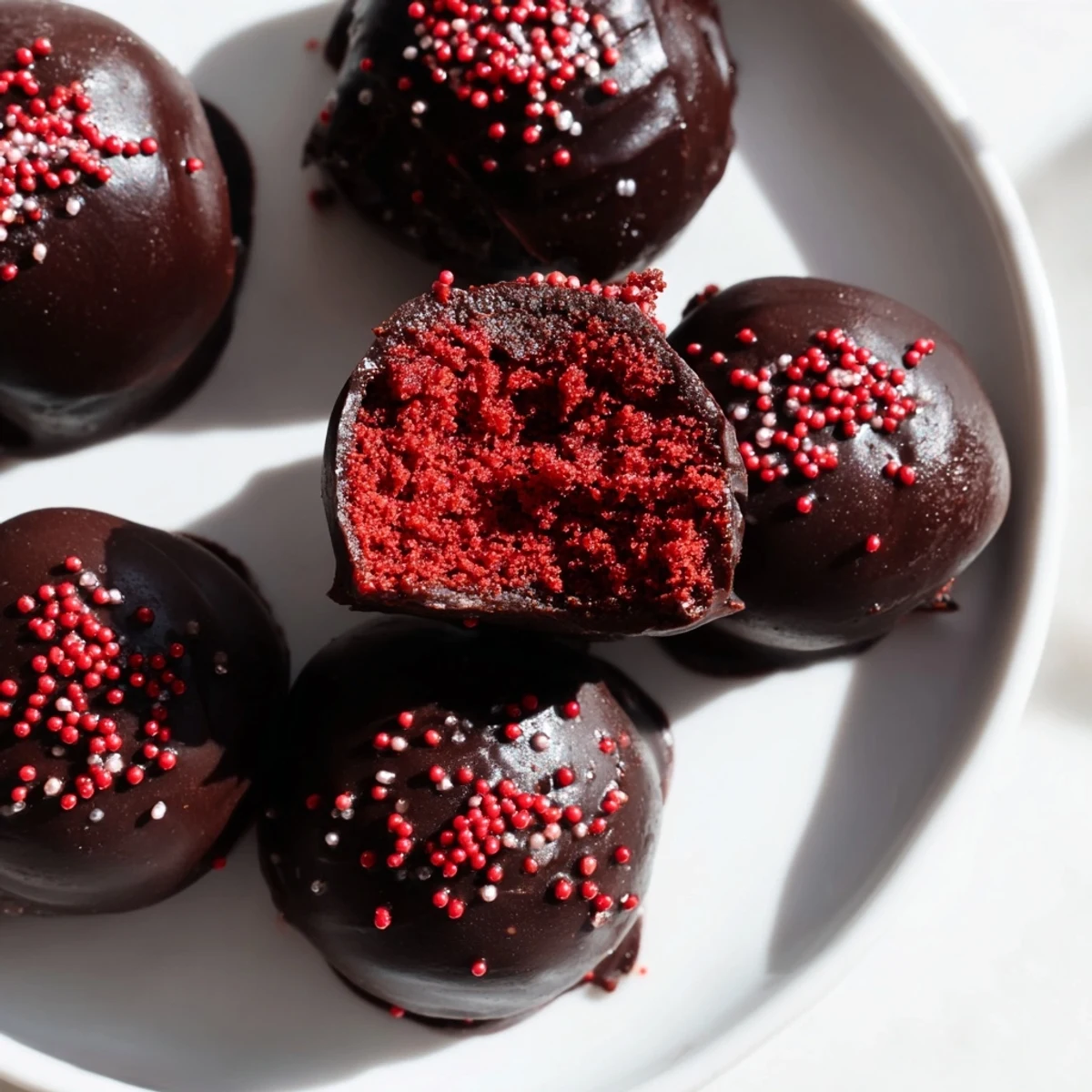 Homemade red velvet cheesecake balls drizzled with melted white chocolate and served on a white plate