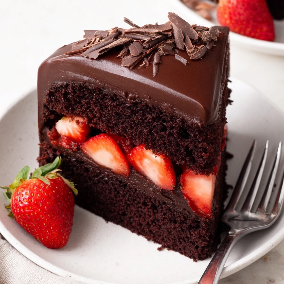 Strawberry Chocolate Cake with glossy ganache, fresh strawberries, moist layers ready to slice