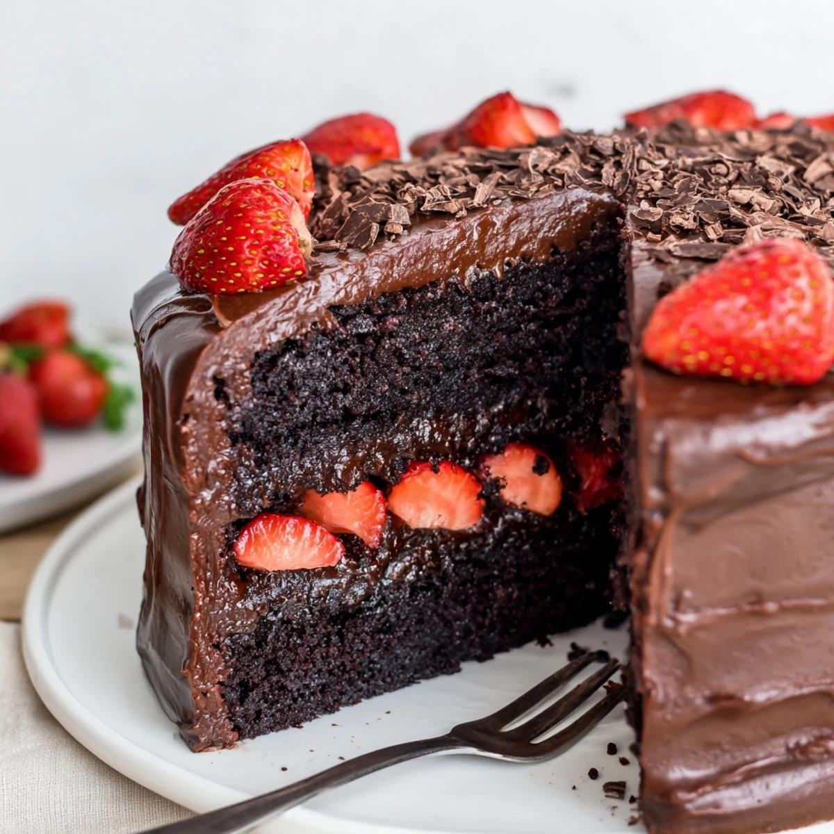 Sliced Strawberry Chocolate Cake on plate, rich ganache aroma, fork nearby