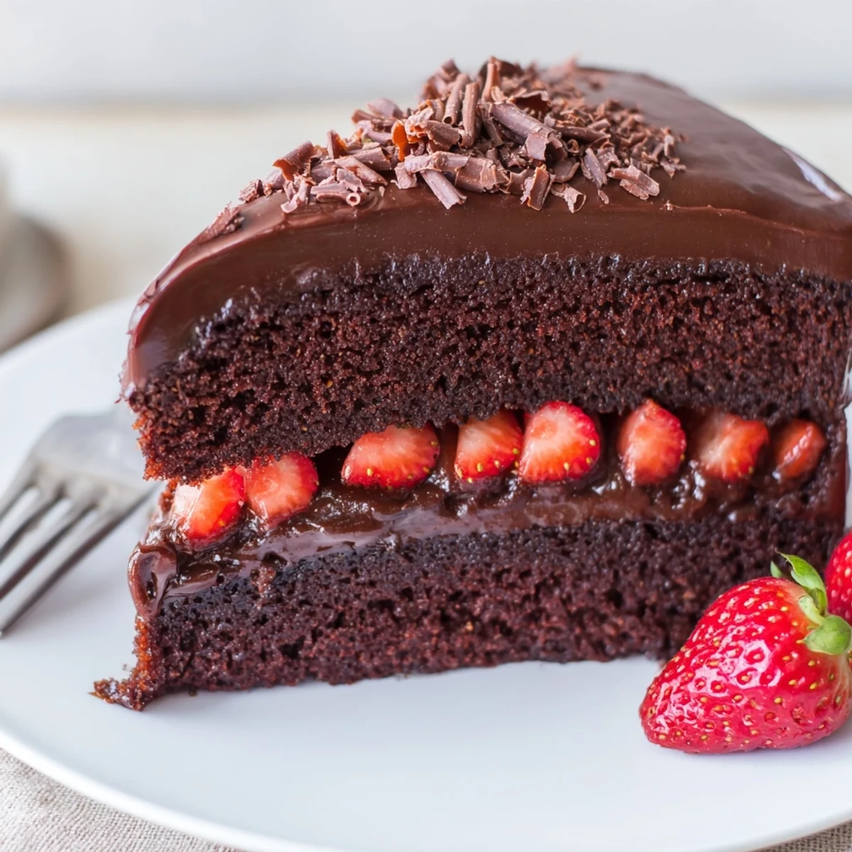 Decadent Strawberry Chocolate Cake topped with halved berries and chocolate shavings
