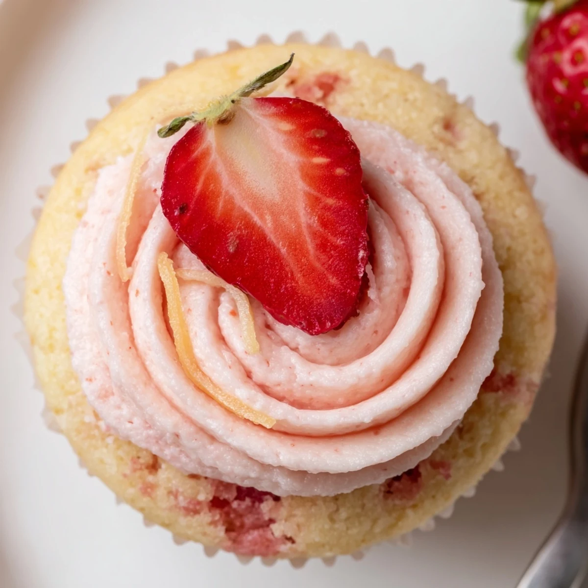 Strawberry Lemonade Cupcakes with swirled pink buttercream, bright lemon zest garnish