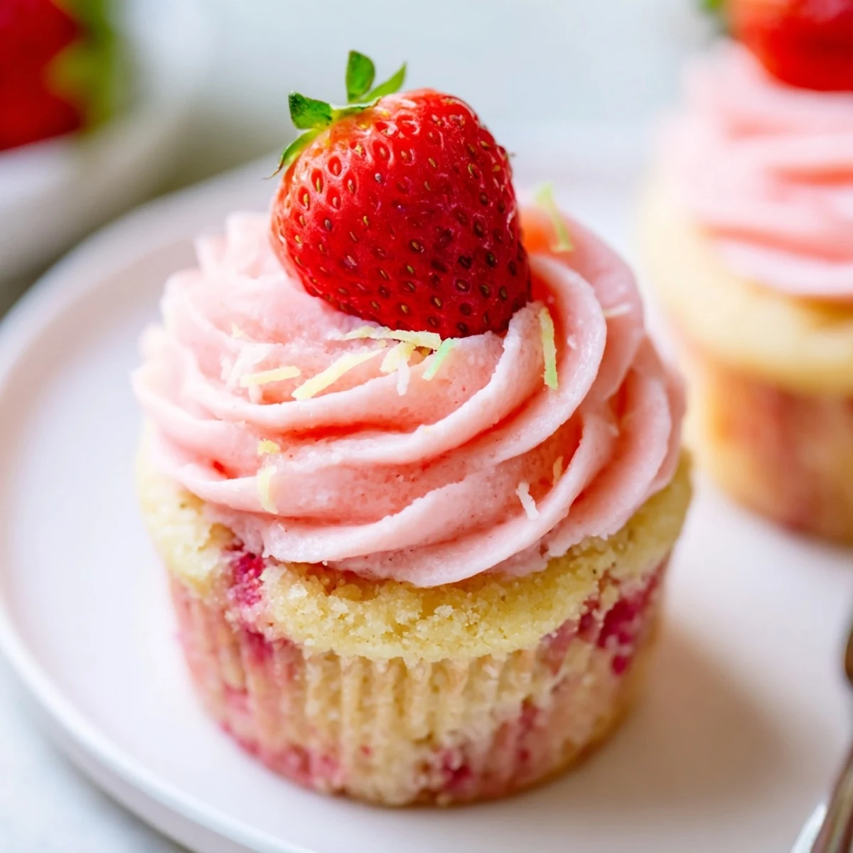 Close-up of Strawberry Lemonade Cupcakes bursting with diced strawberries and zesty aroma