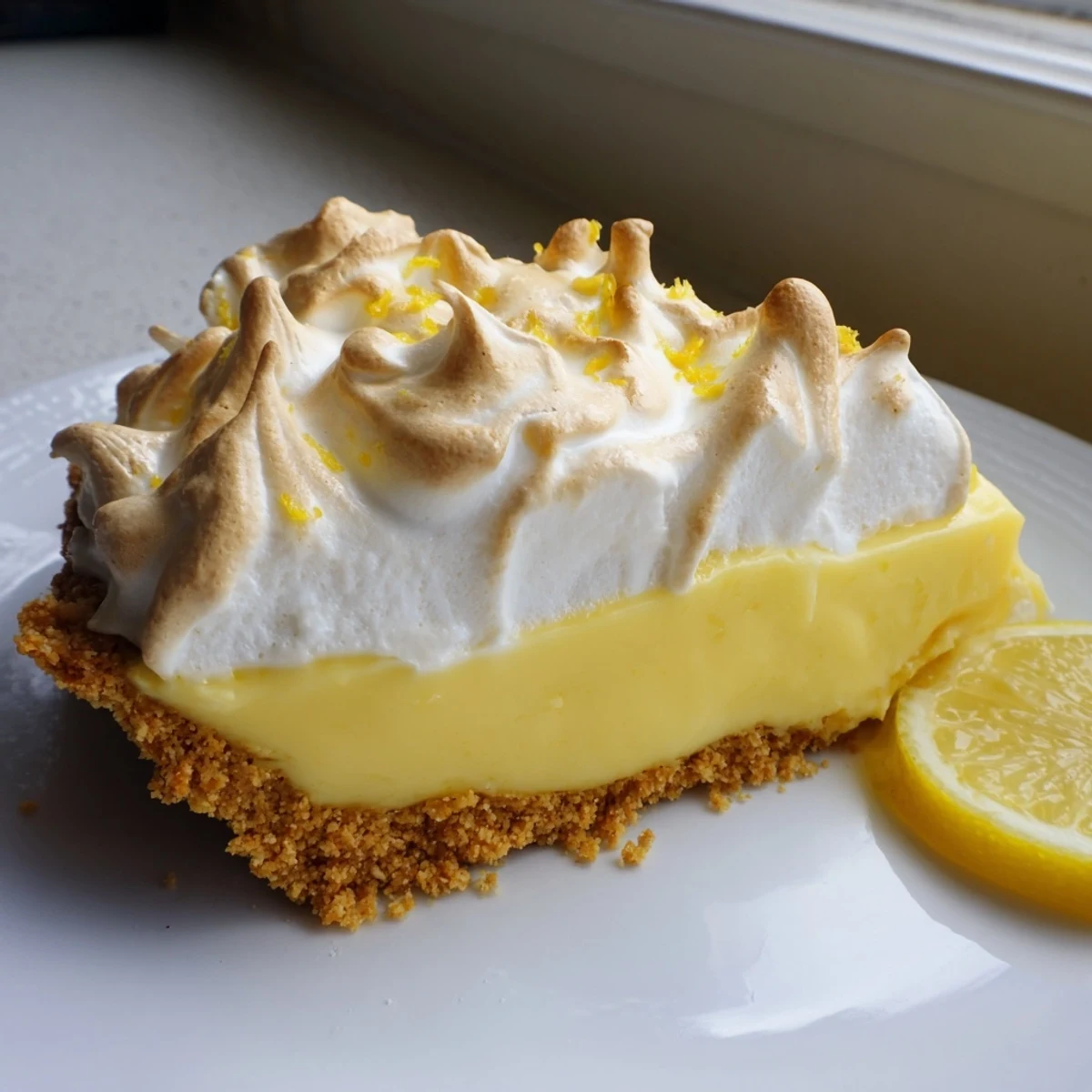 Golden Real Lemon Pie Recipe slice on a white plate with fresh lemon zest sprinkled on top