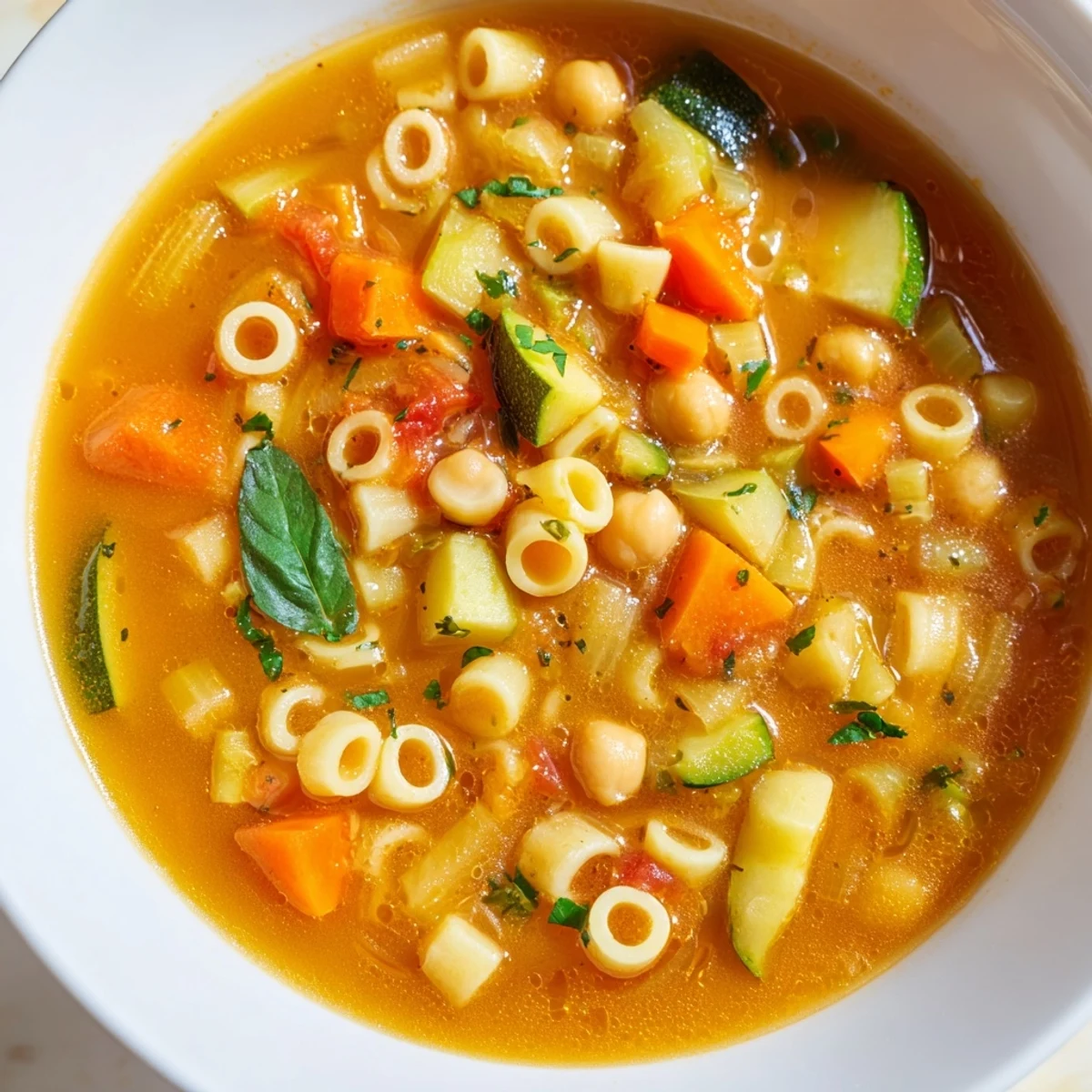 Steaming bowl of Vegan Italian Penicillin Soup with tender vegetables, chickpeas, and fresh basil garnish