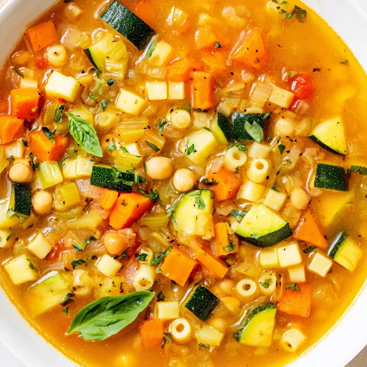 Golden broth of Vegan Italian Penicillin Soup ladled over ditalini pasta with wilted spinach and herbs