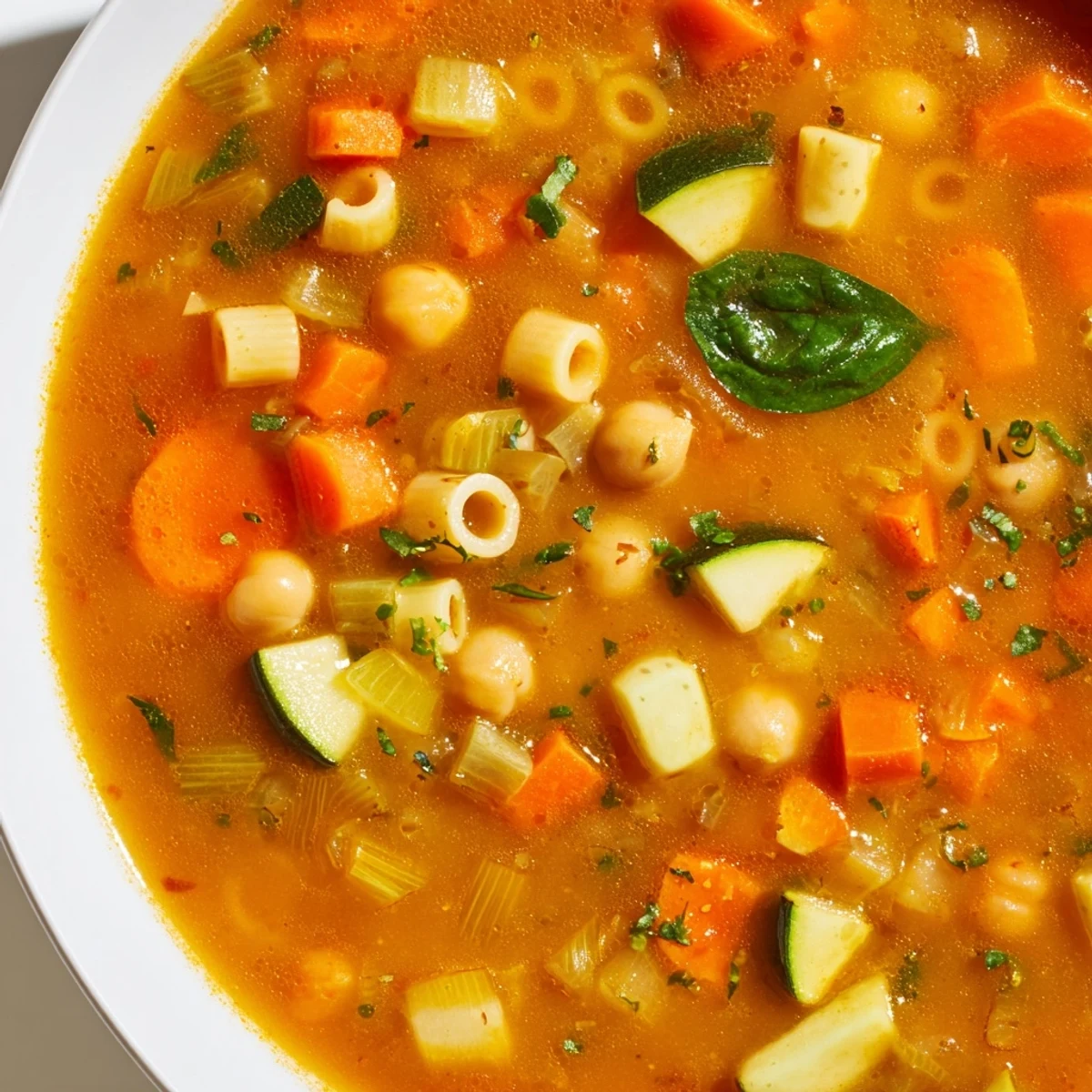 Vibrant Vegan Italian Penicillin Soup in a rustic bowl, brimming with carrots, zucchini, and cannellini beans