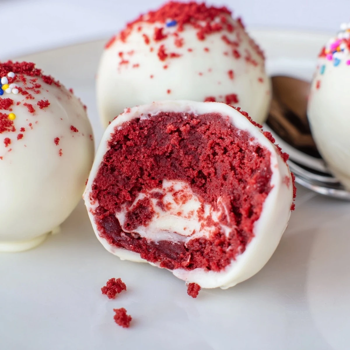 Red Velvet Cheesecake Balls coated in glossy chocolate, sprinkled with red crumbs