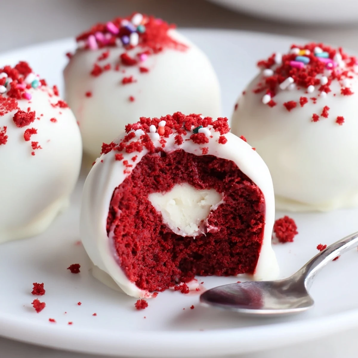 Mini Red Velvet Cheesecake Balls with creamy center arranged on party platter