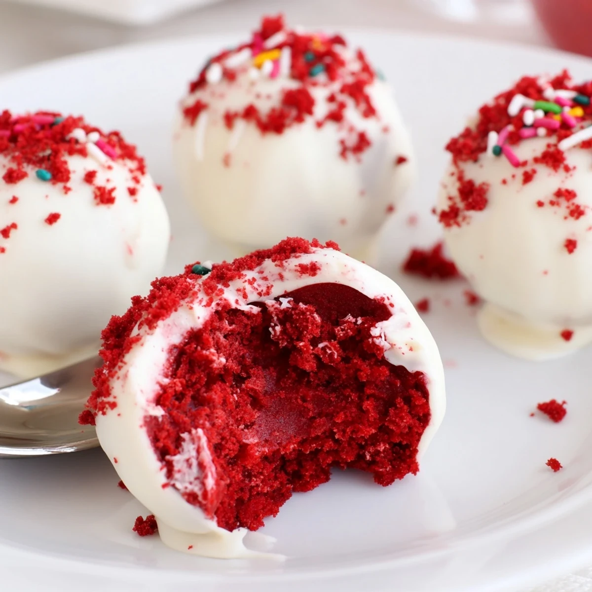 Chilled Red Velvet Cheesecake Balls dipped in white chocolate, velvety and rich