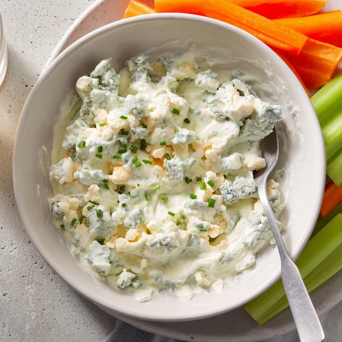 Creamy blue cheese dip in a bowl surrounded by crisp celery and carrot sticks