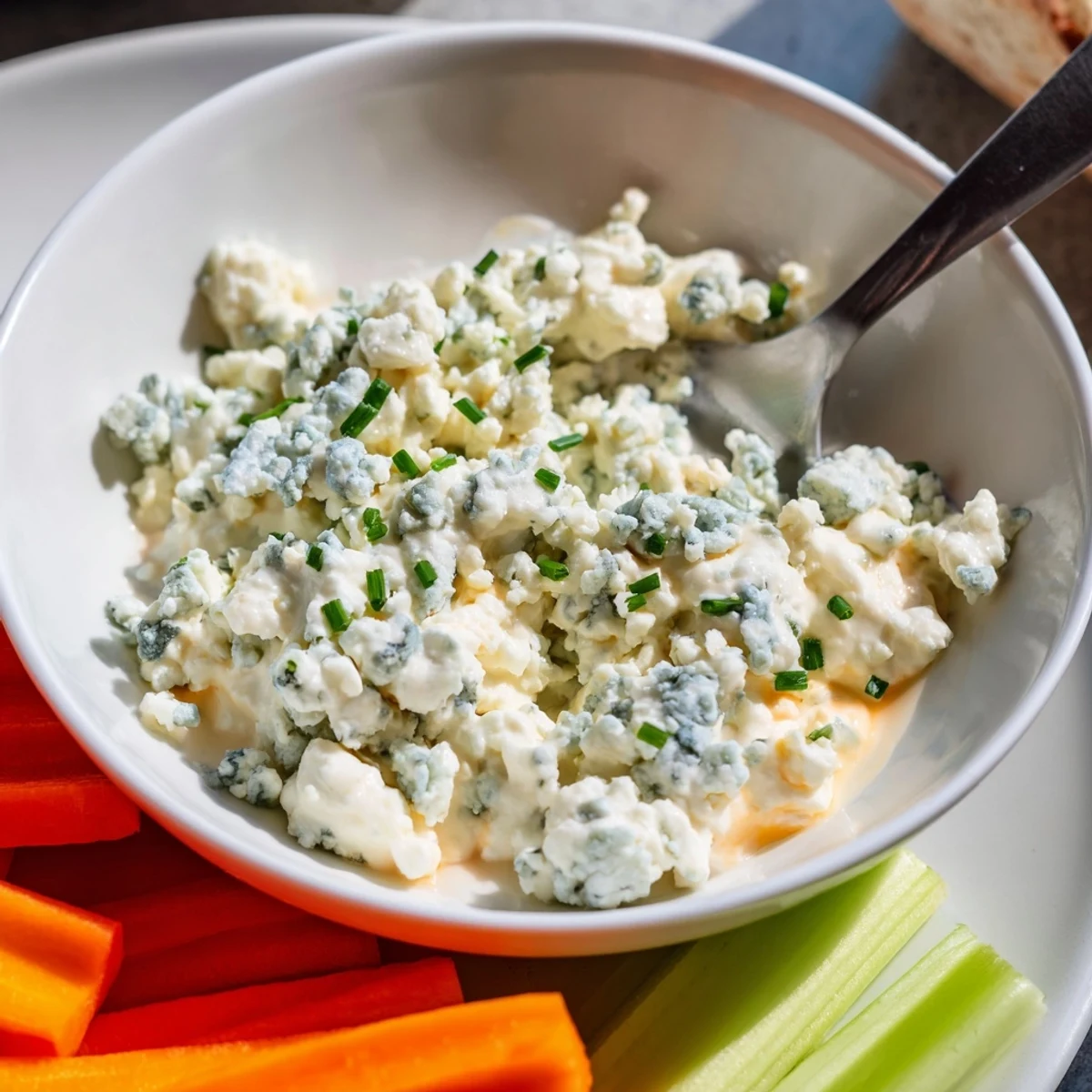 Rich blue cheese dip served alongside golden buffalo wings and crunchy chips