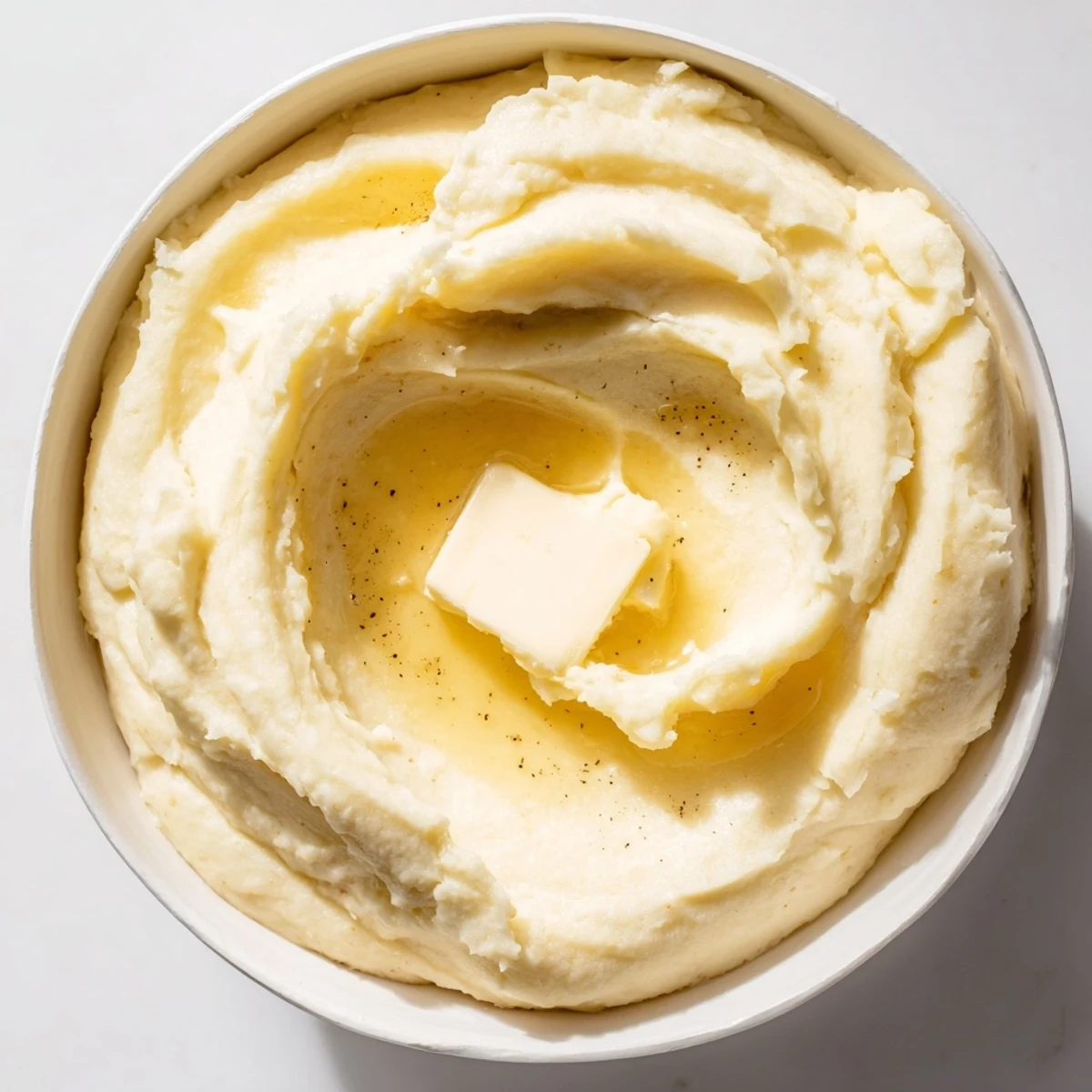Velvety Mashed Potatoes served steaming in a bowl with melted butter pooling on top