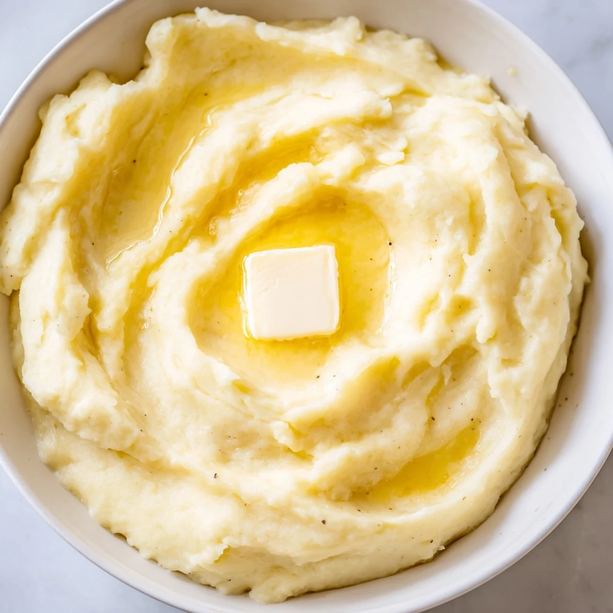 A rustic scoop of Velvety Mashed Potatoes garnished with cracked black pepper and fresh chives