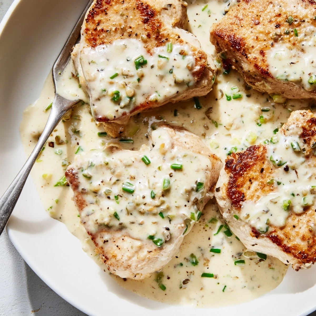 Creamy chicken with Boursin sauce drizzled over golden seared breasts, garnished with fresh chives