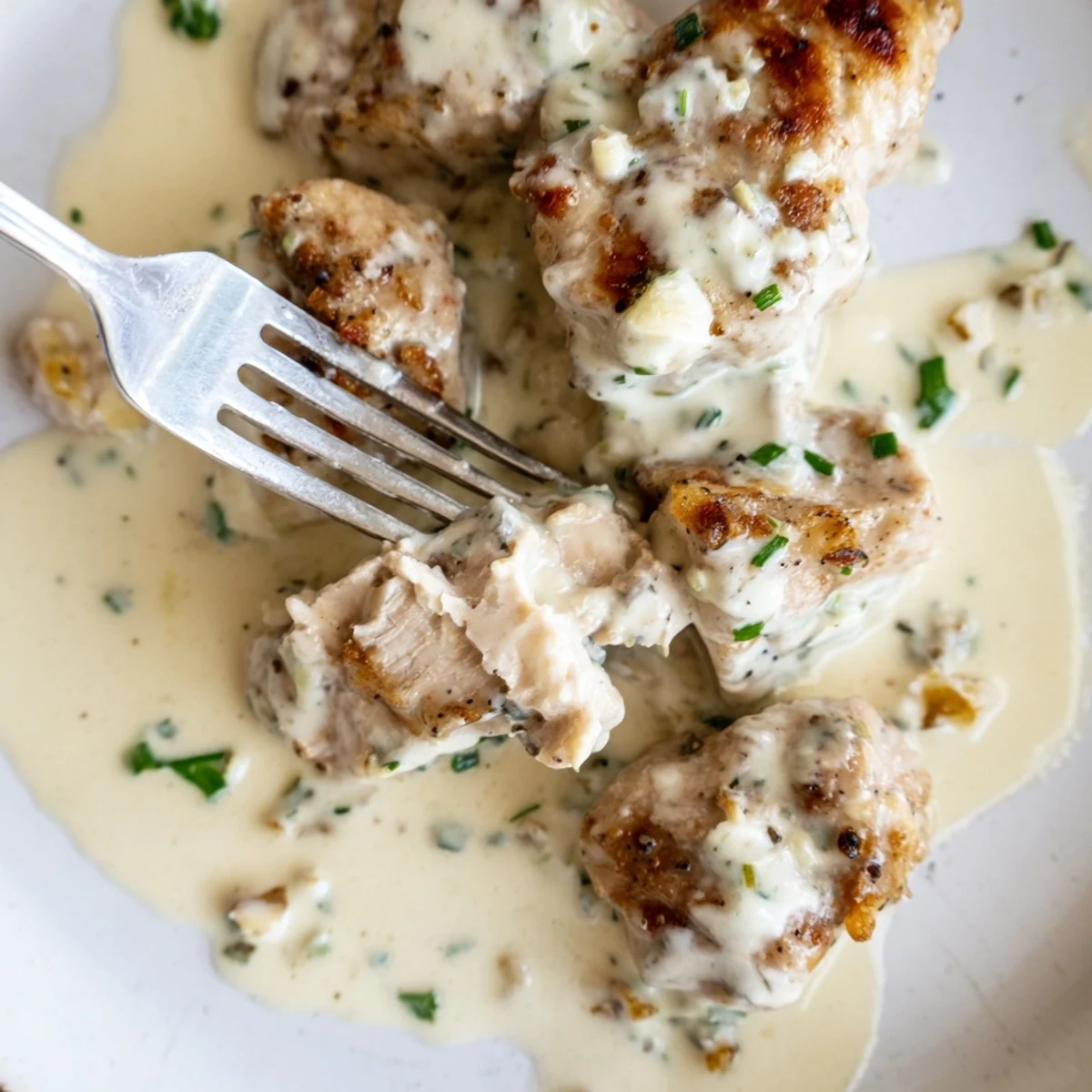 Tender chicken breasts coated in velvety Boursin garlic and fine herbs sauce on a white plate