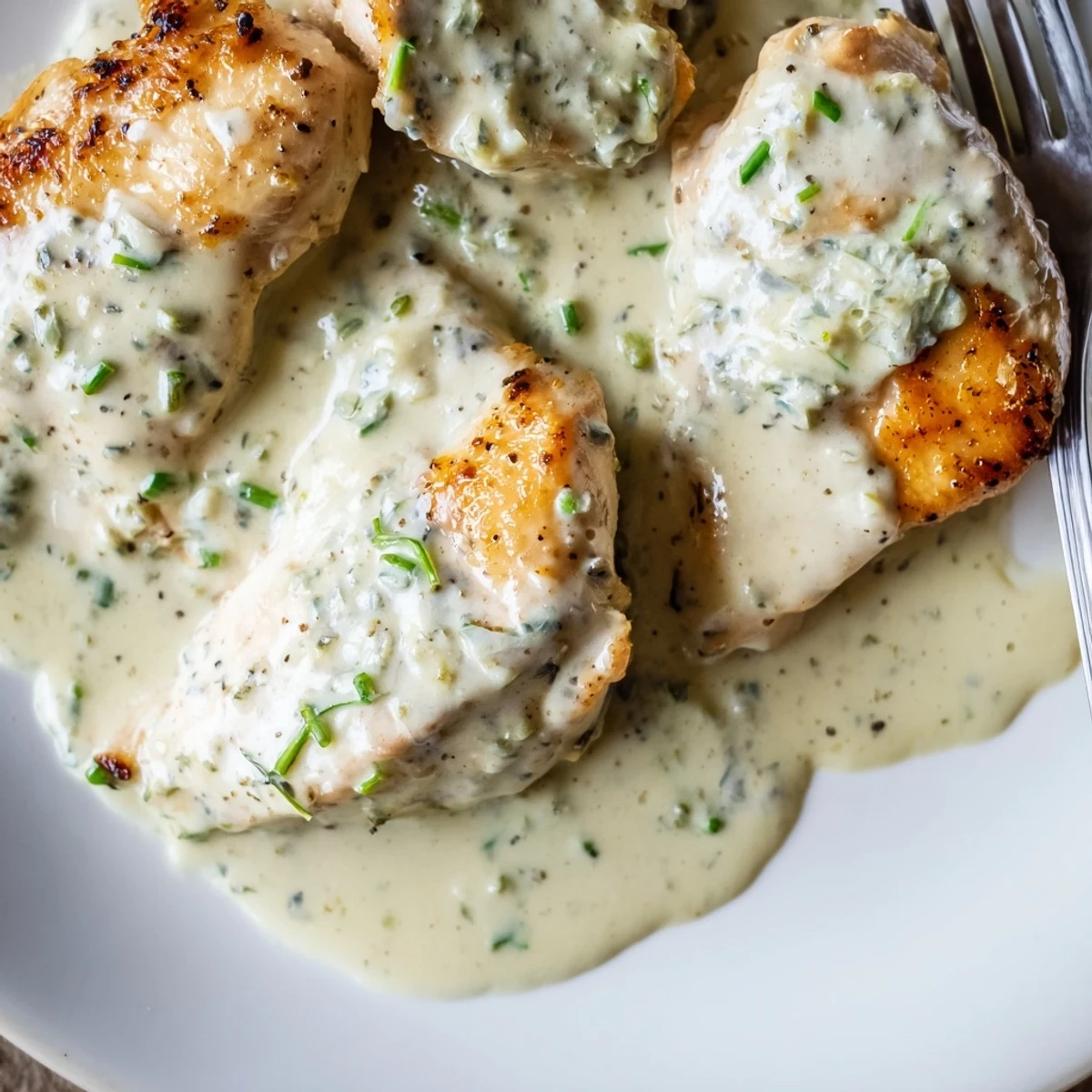 Golden pan-seared chicken with Boursin sauce nestled in a creamy garlic herb blanket