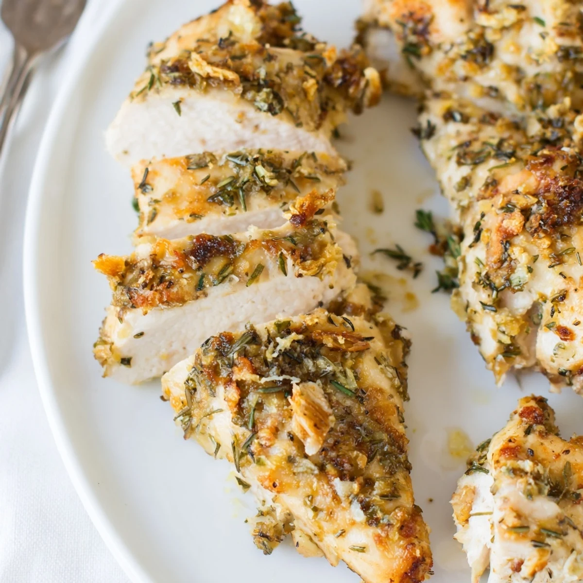 Golden savory garlic herb chicken fresh from the oven with crispy herb edges