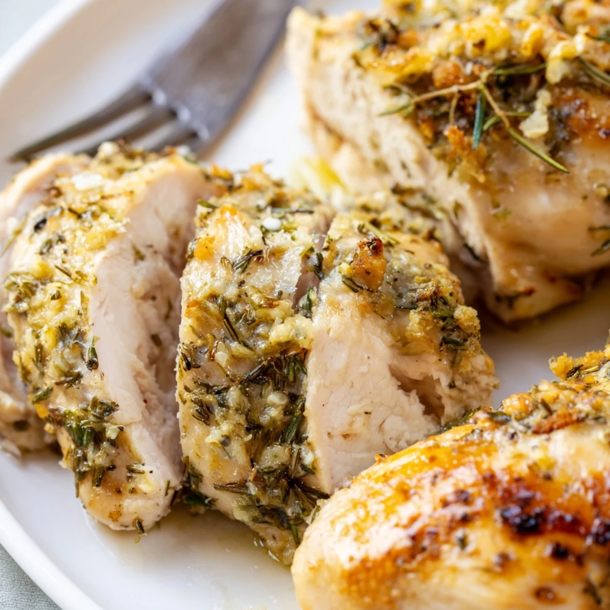 Juicy savory garlic herb chicken sliced open revealing tender meat and aromatic herbs