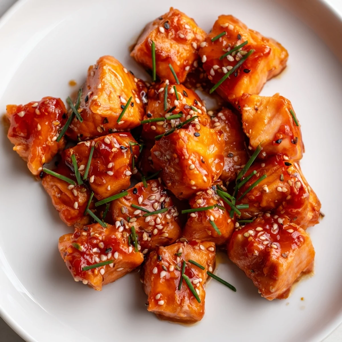 Glistening hot honey salmon bites drizzled with spicy-sweet sticky glaze on a baking sheet