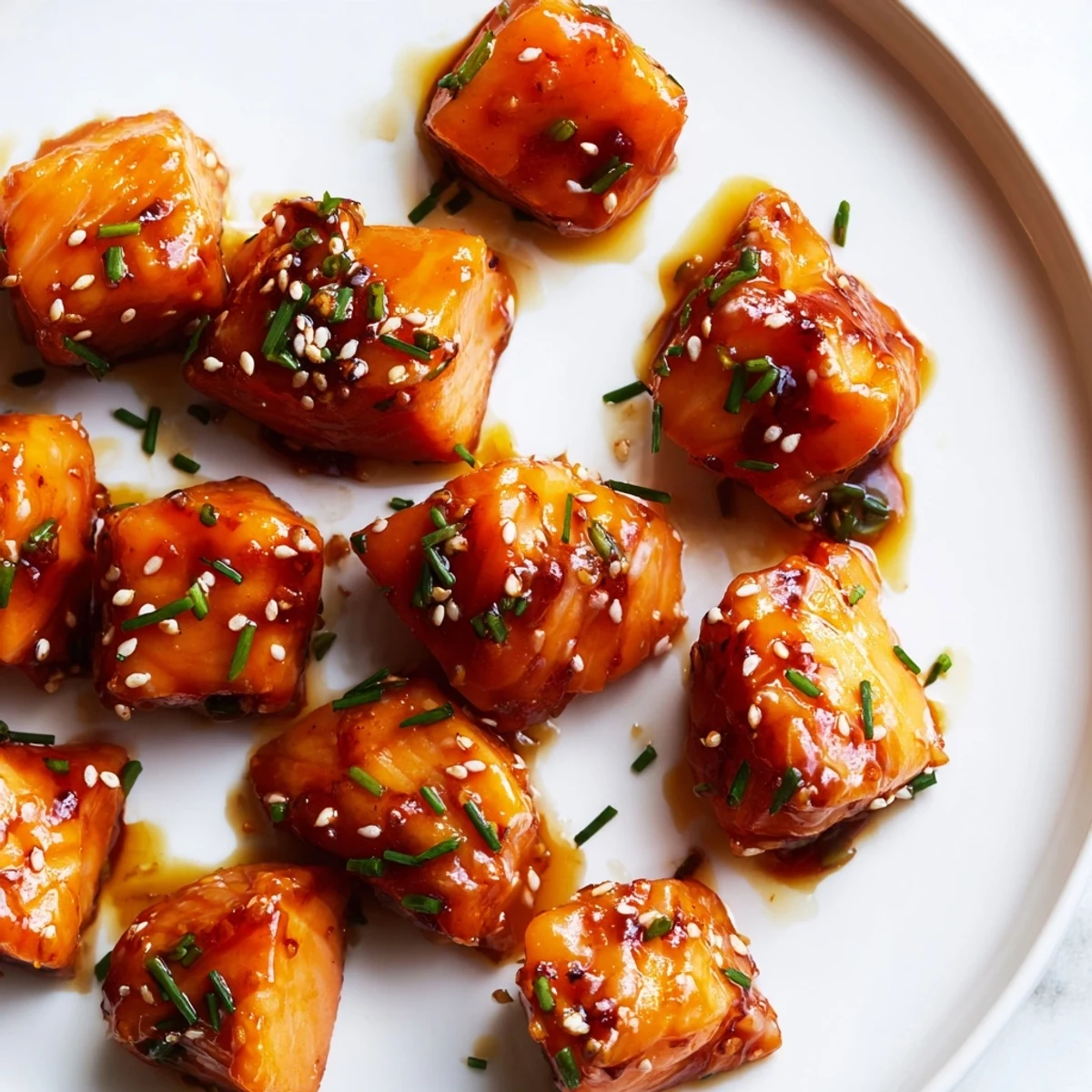 Caramelized hot honey salmon bites garnished with sesame seeds and fresh green onions