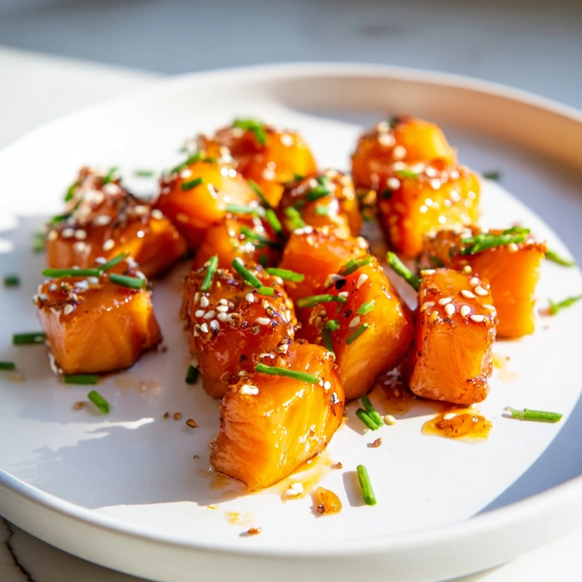 Golden hot honey salmon bites coated in a glossy honey sriracha sauce ready to serve