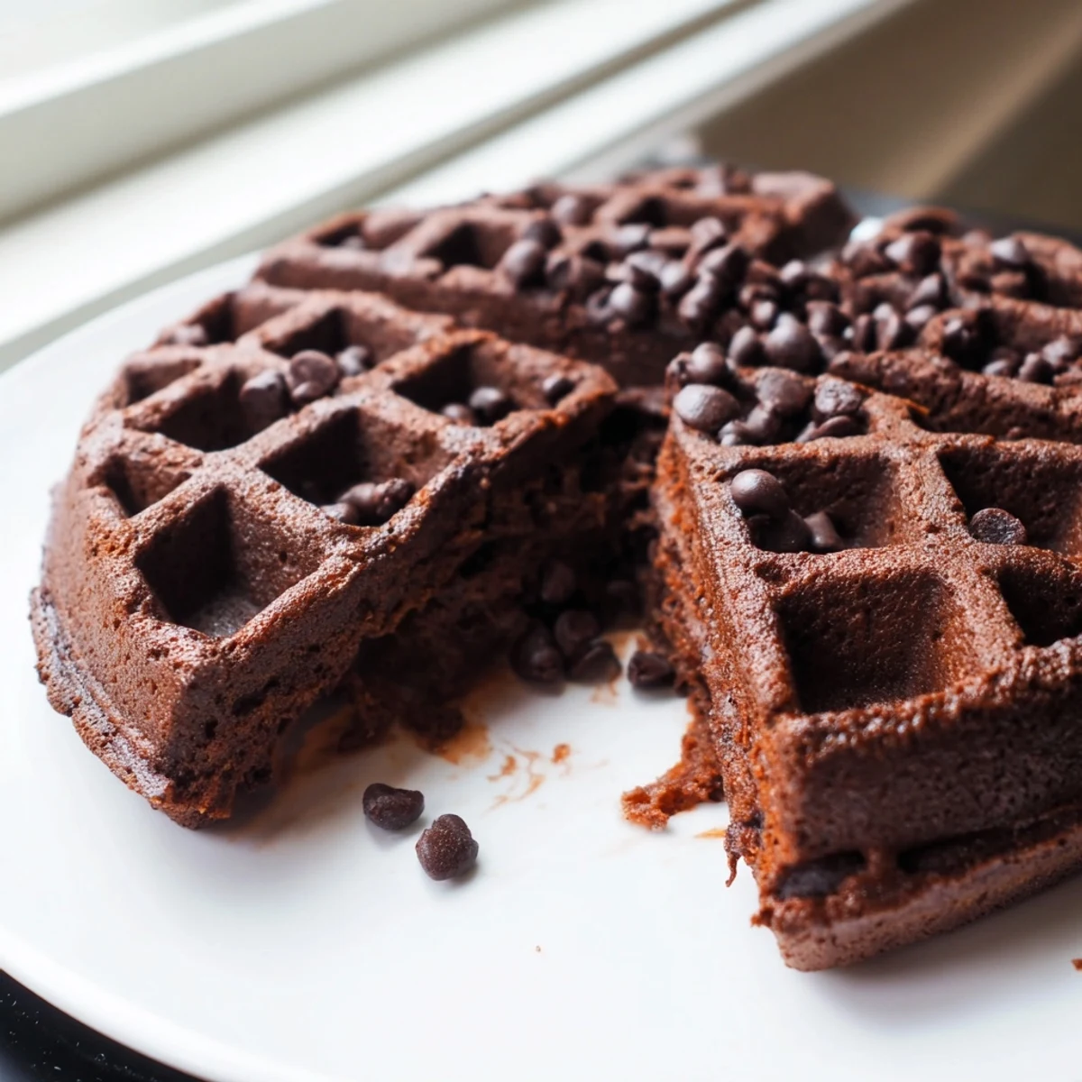 Warm fudgy brownie waffles fresh off the iron with melted chocolate chips throughout