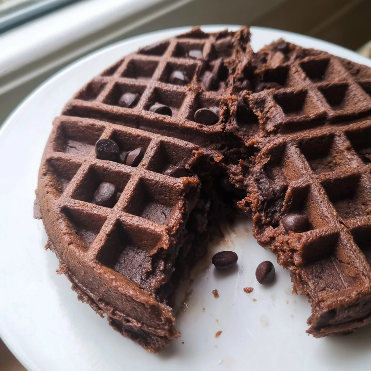 Rich fudgy brownie waffles drizzled with chocolate sauce served on a white plate