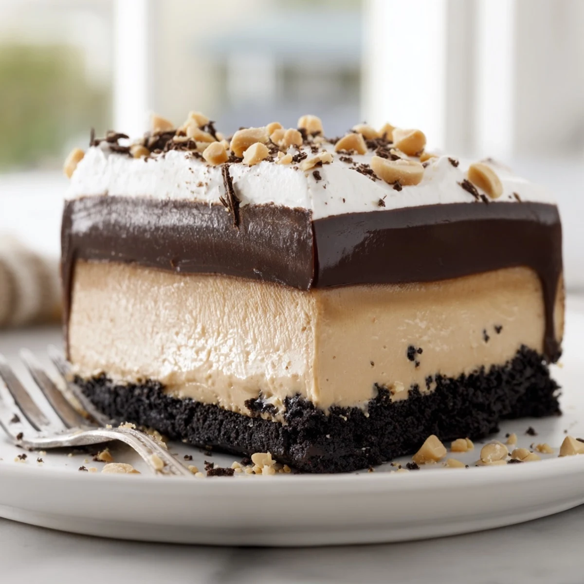 Creamy peanut butter layered delight with rich chocolate ganache and cookie crust