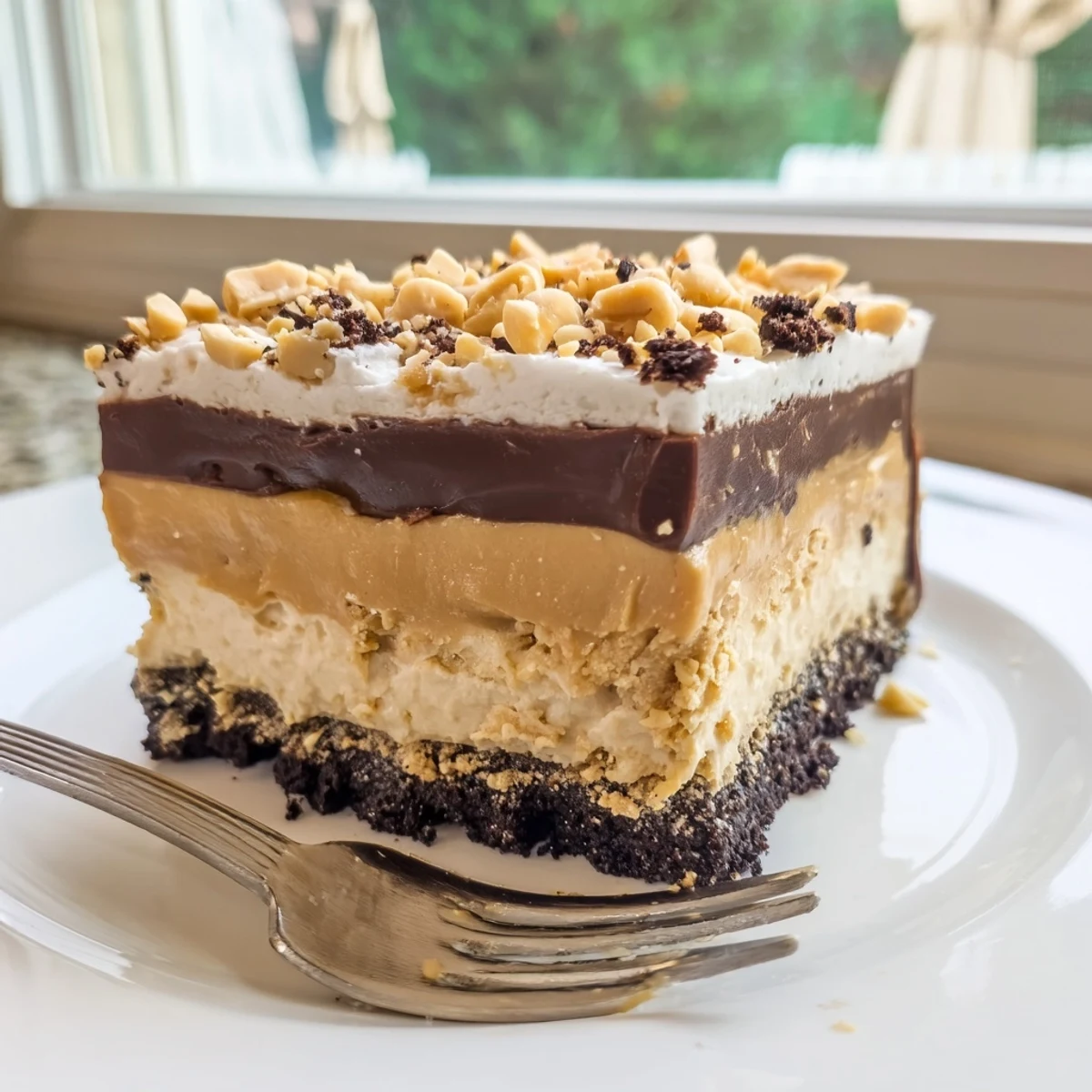 Golden peanut butter layered delight showing velvety layers over a crunchy chocolate base