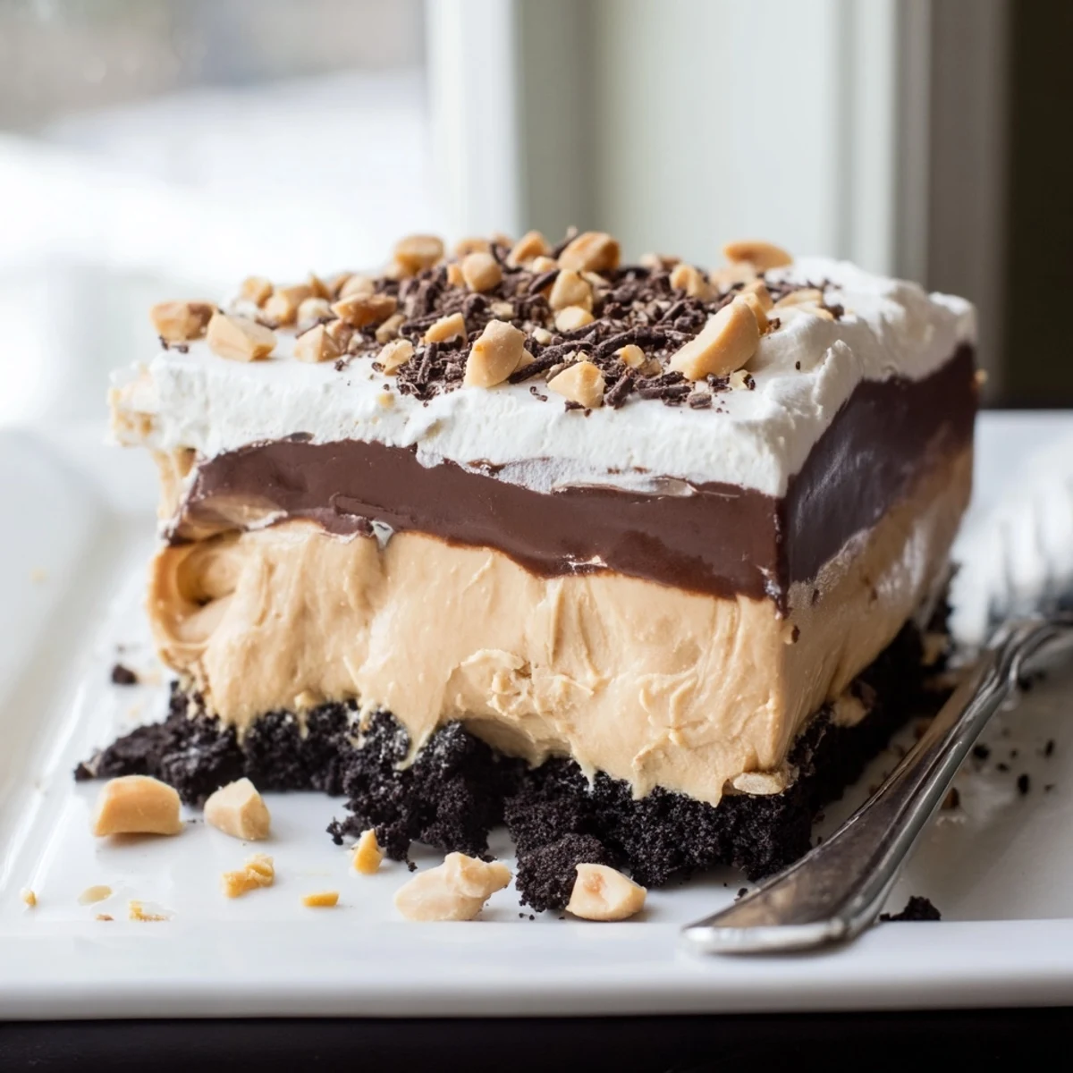 Peanut butter layered delight sliced into neat squares topped with whipped cream