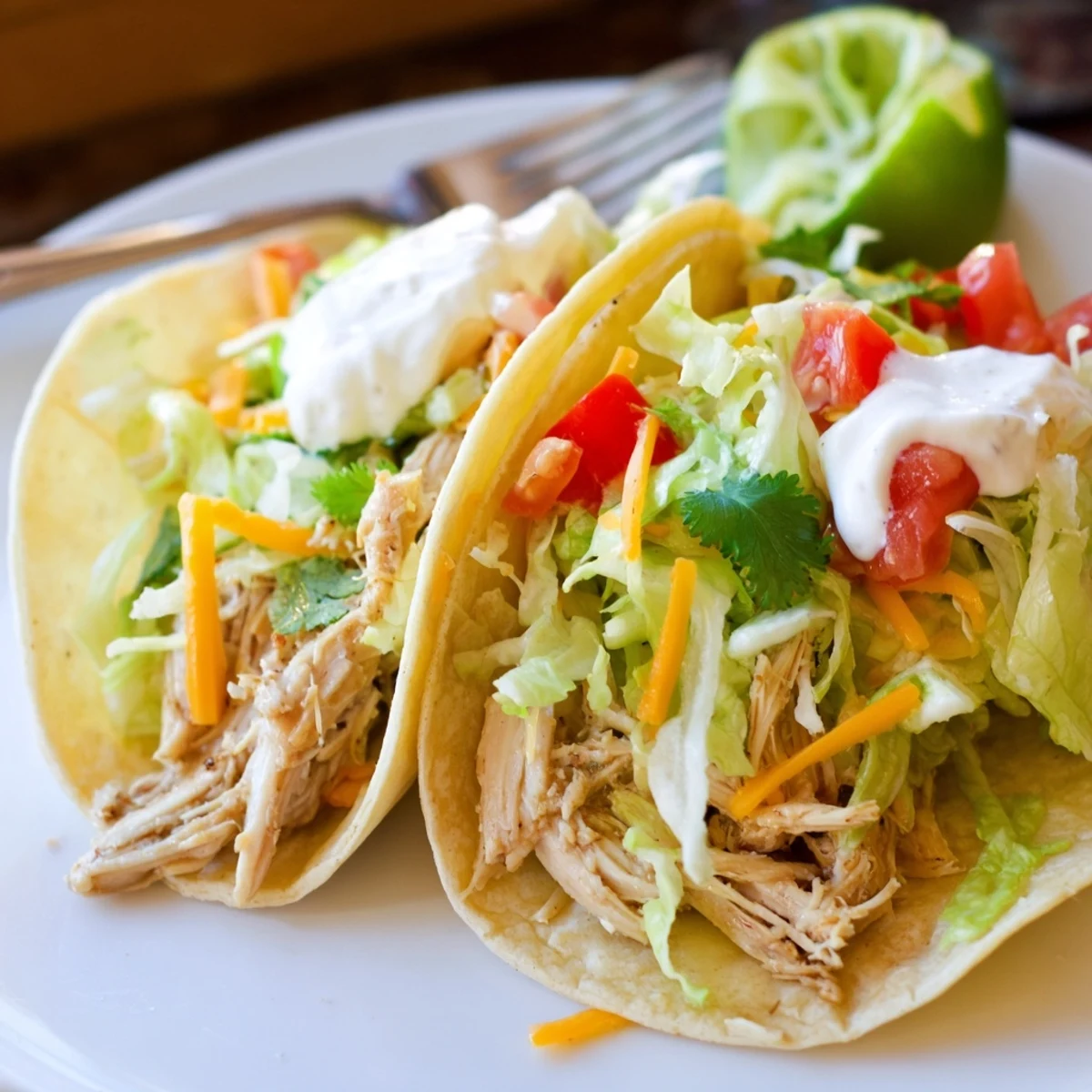 Warm corn tortillas filled with slow cooker ranch chicken tacos and bright lime wedges